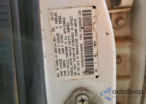 2007 Honda Accord Se from USA, damaged, VIN 1HGCM56357A190660